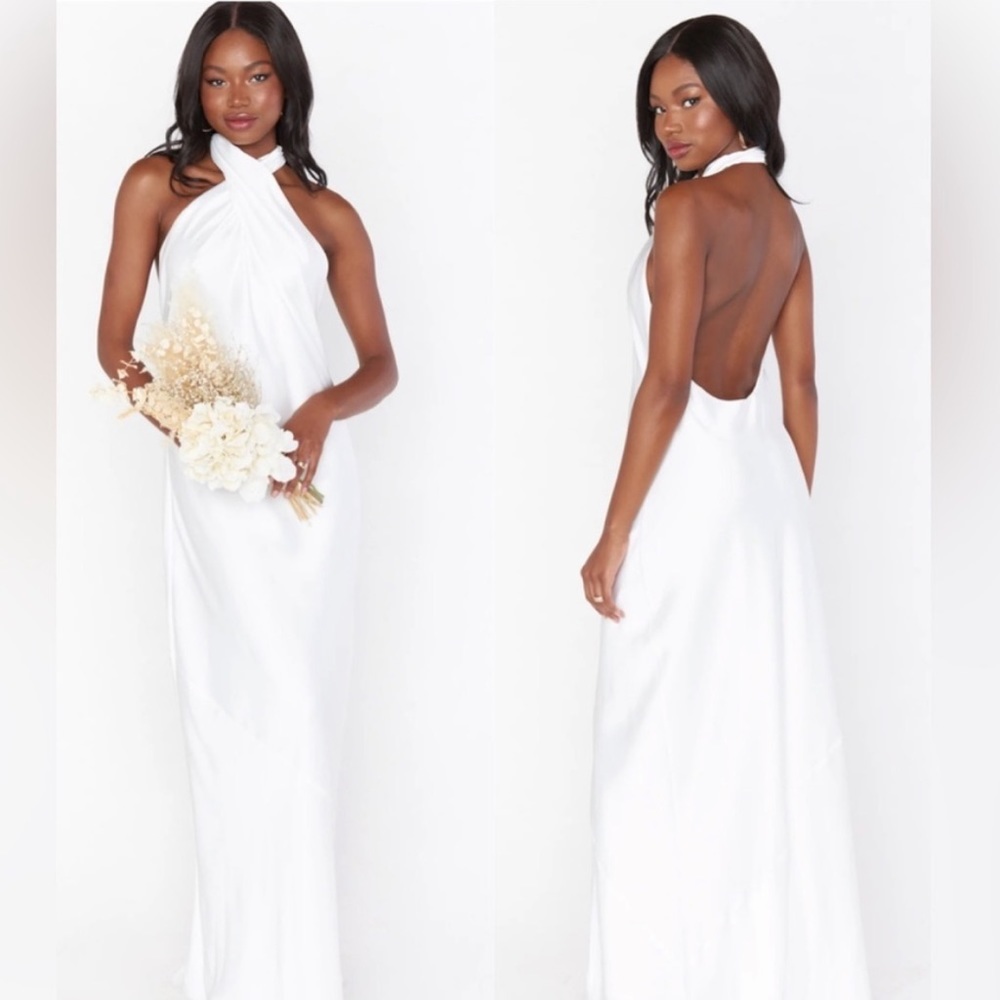 Show Me Your MuMu White Halter Backless Satin Maxi Dress